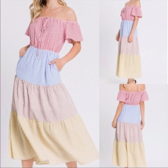 Urban Outfitters Colorblock Seersucker Off-The-Shoulder Midi Dress size Small - Picture 1 of 7